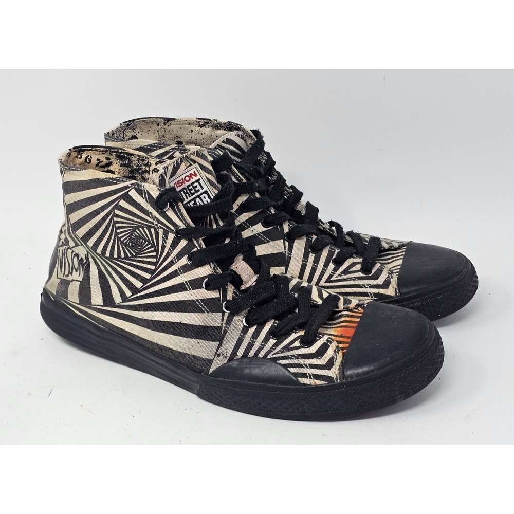VTG Vision Street Wear Men's 12 Canvas Hi Top Sneakers Black White Optical Print